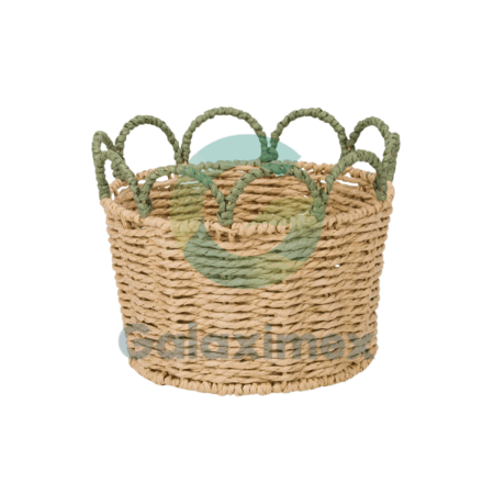 Natural Woven Basket with Scalloped Green Trim