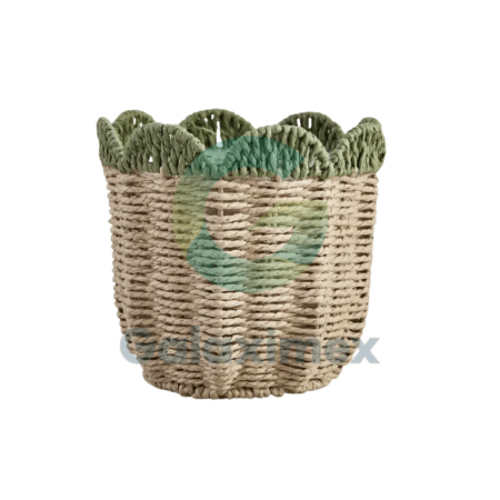 Handwoven Scalloped Basket with Green Top